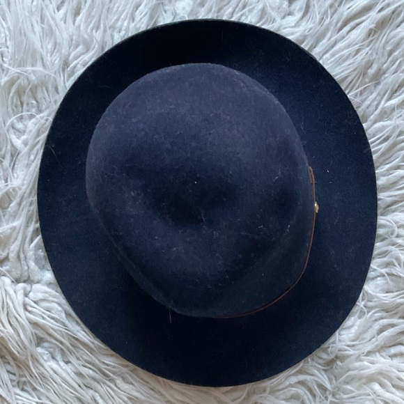 Rag & Bone Navy Blue Felted Wool Brow Leather Strap Fedora Hat EUC Size Medium